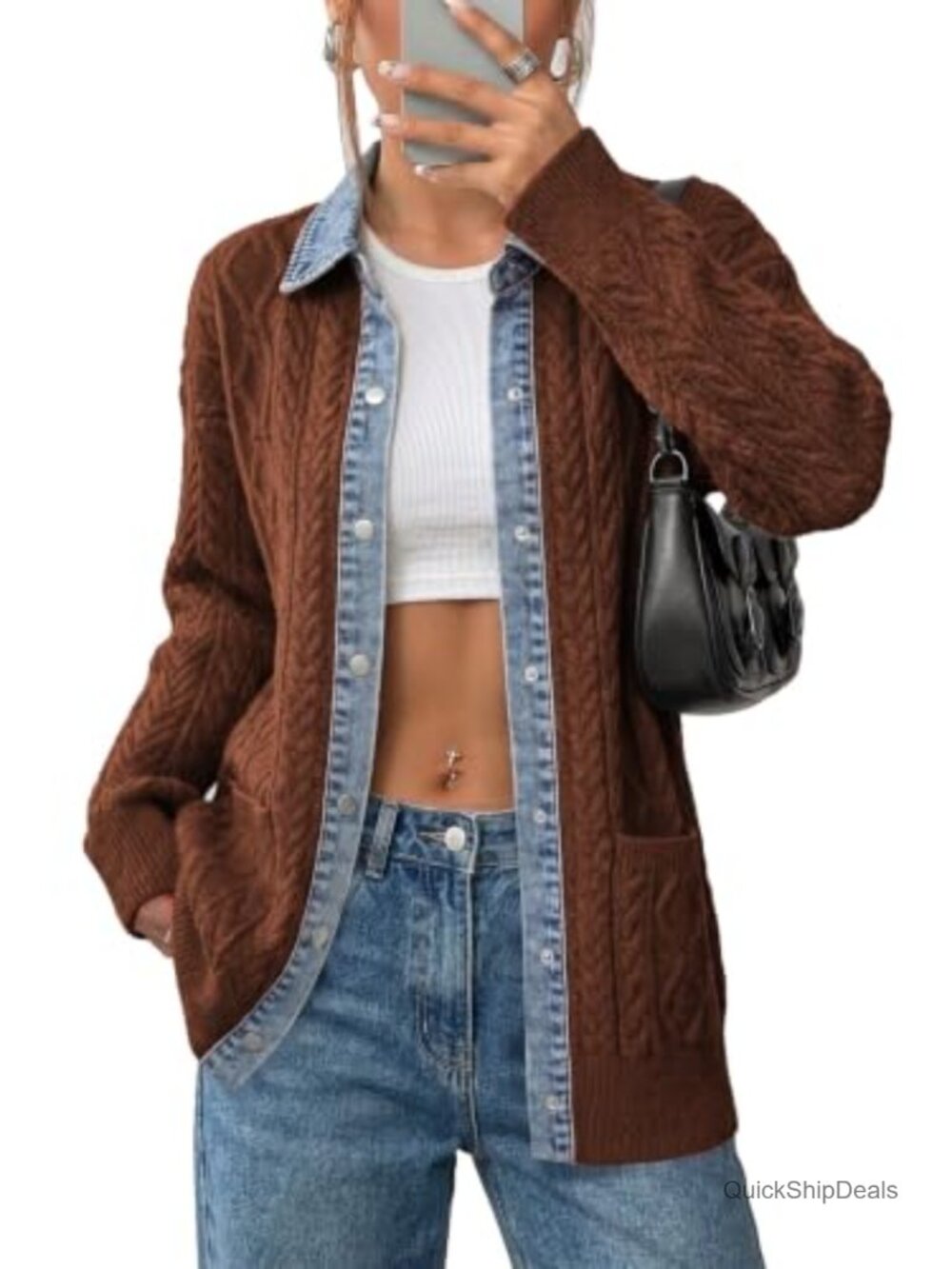 Women's Cable Knit Denim Collar Button Front Cardigan Sweater